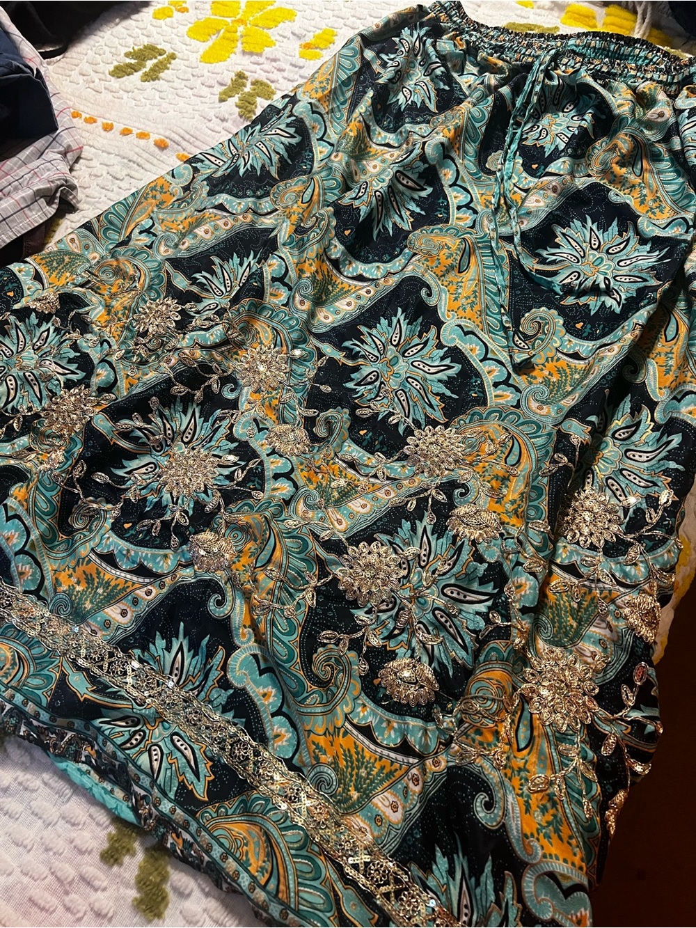 Teal and Mustard Paisley Embellished Skirt